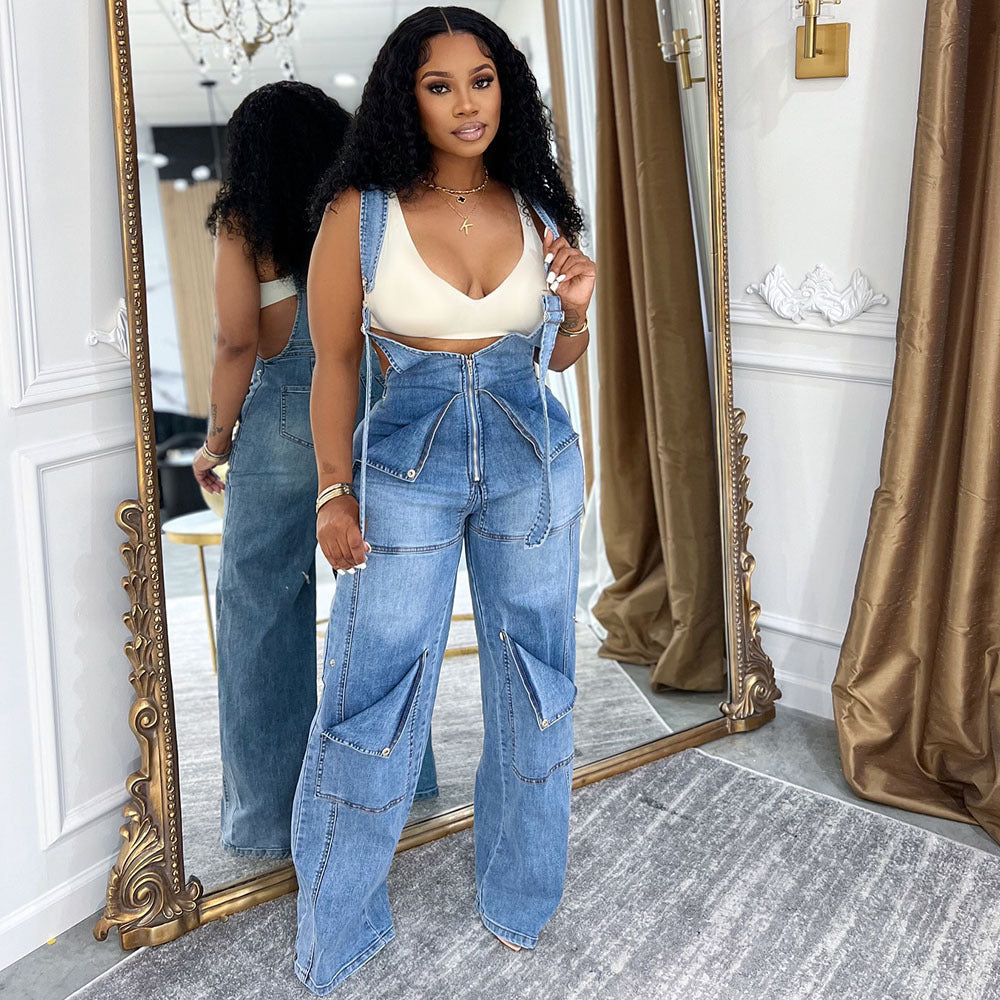 Womens Solid-Color Casual Washed Denim Suspender Overalls With Zipper