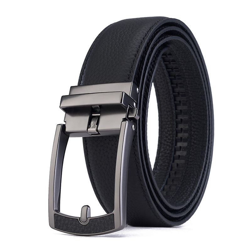 New Mens Casual All-match Leather Belt With An Automatic Buckle And A Lychee Grain Pattern