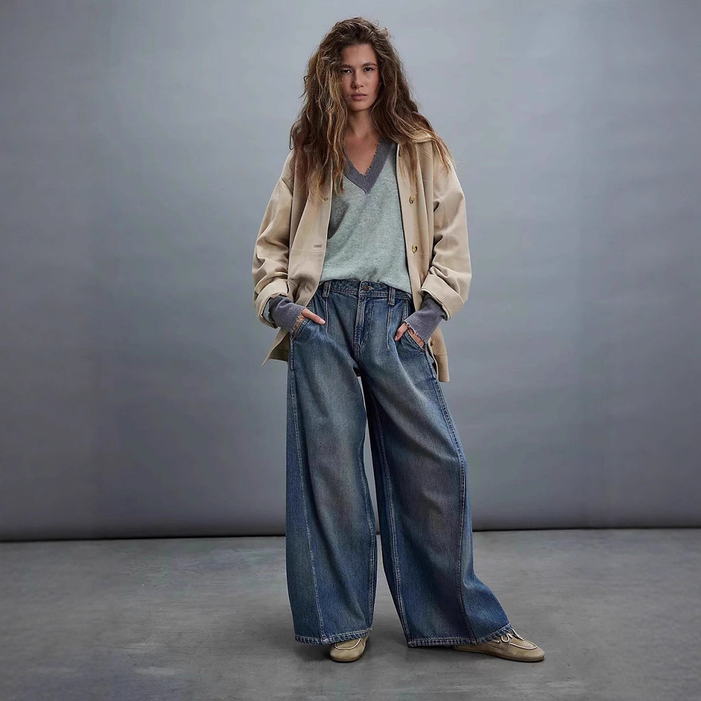 Womens Fashionable Retro Wide-Leg Denim Jeans