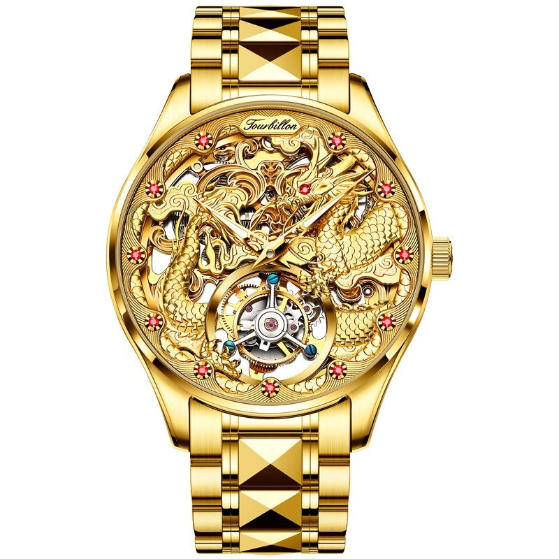 Mens Water-Resistant Mechanical Watch With Hollowed-Out Design And Steel Strap
