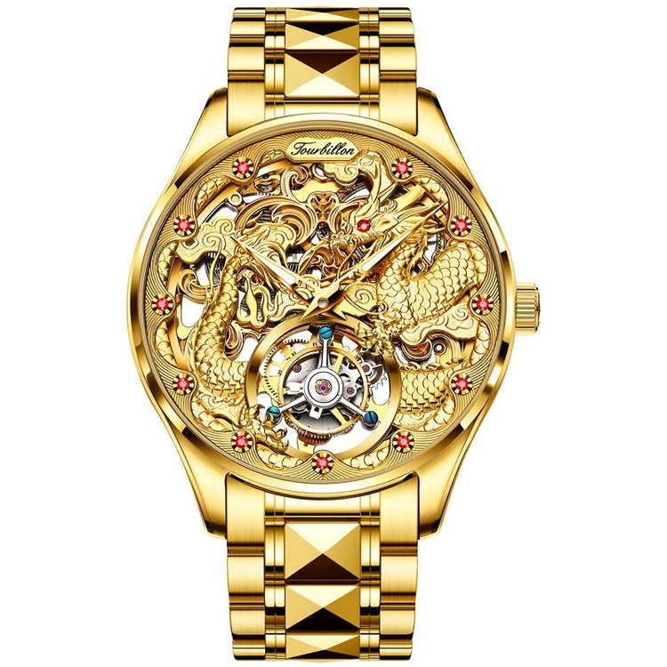 Mens Water-Resistant Mechanical Watch With Hollowed-Out Design And Steel Strap
