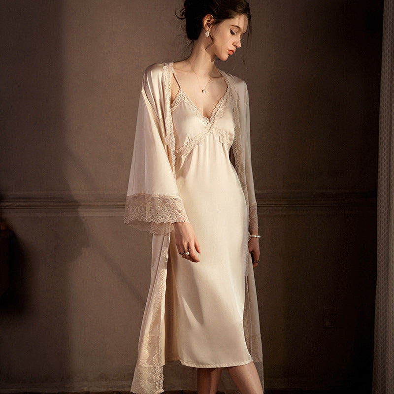 Womens Long Above-the-knee Ice-silk Slip Nightgown With Built-in Bra Pads