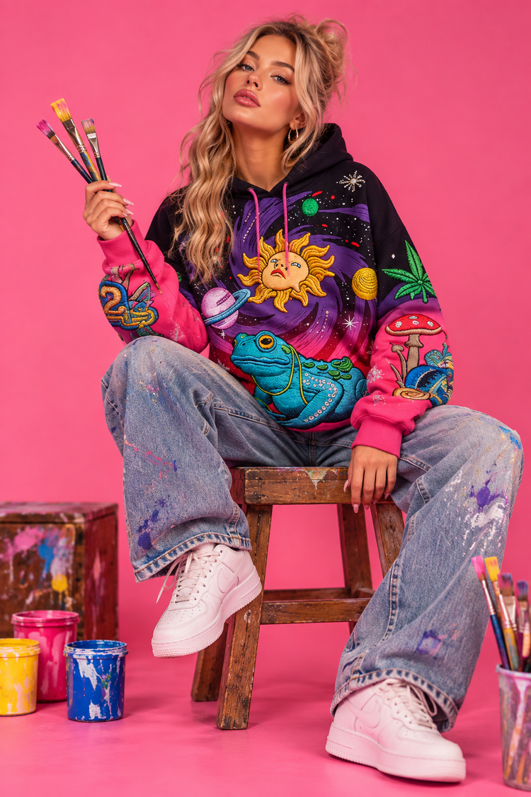 Vintage Print Loose-fitting Hoodie Sweater