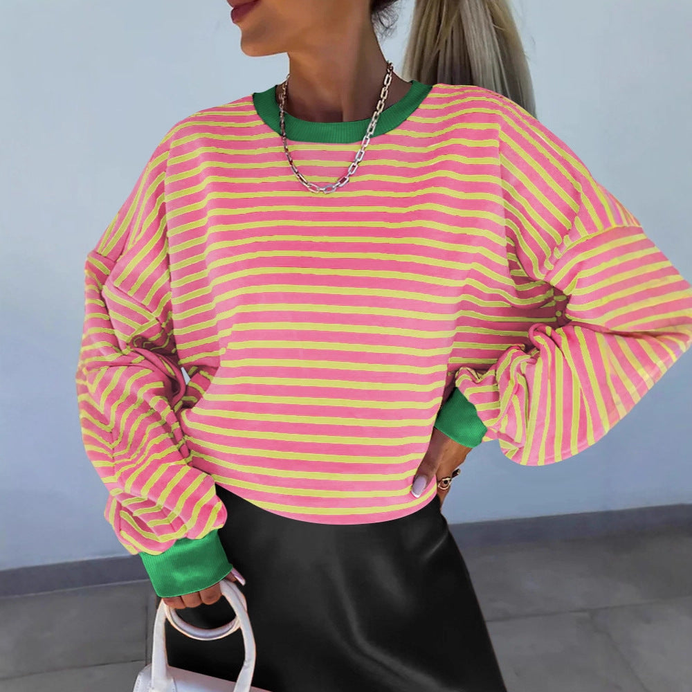 Autumnwinter Stylish Striped Crew-neck Top