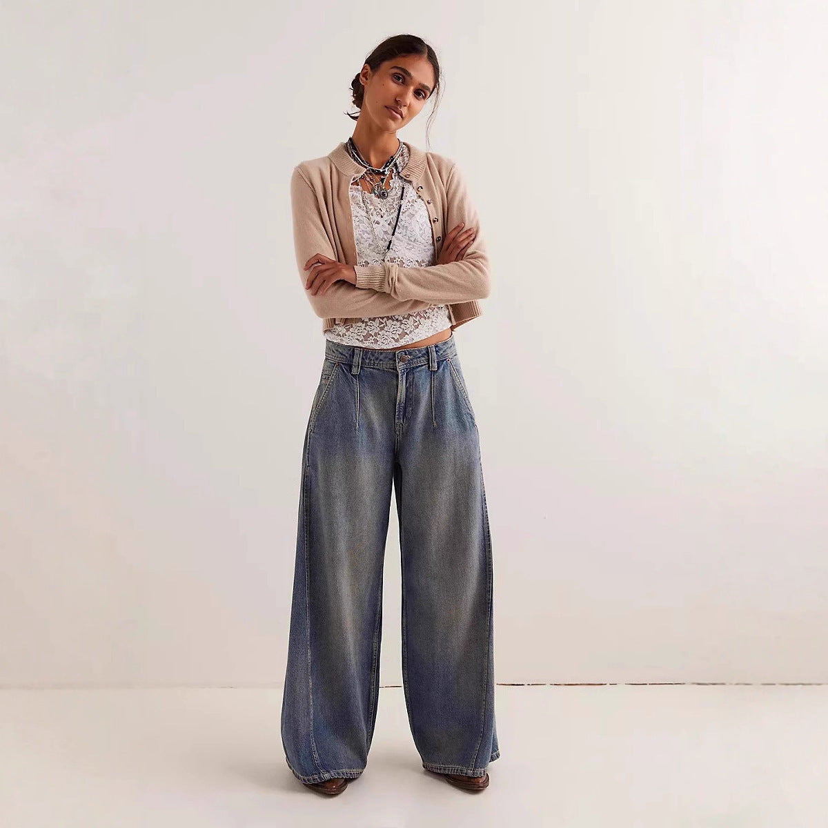 Womens Fashionable Retro Wide-Leg Denim Jeans
