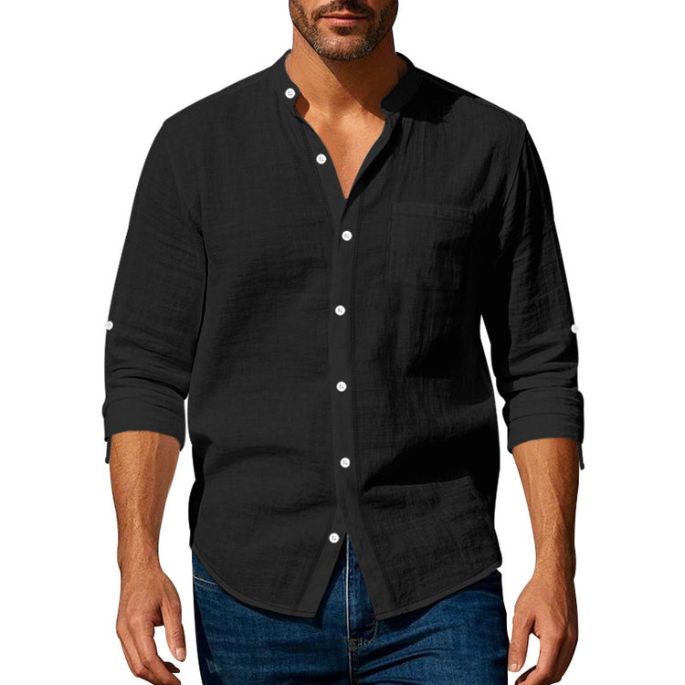 Long Sleeve Stand Collar Shirt With Pockets Casual Men's Clothing