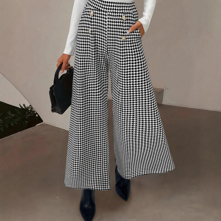Elegant Houndstooth Wide-leg Cropped Pants
