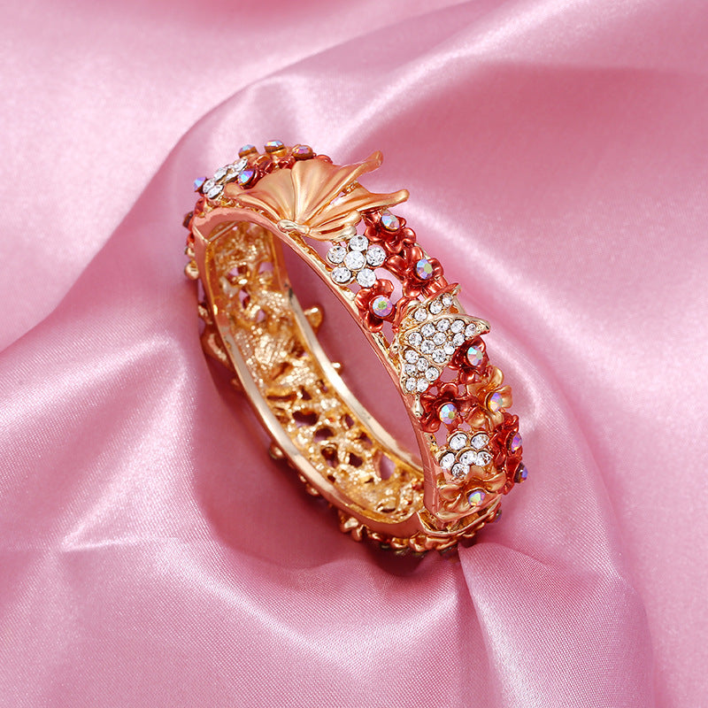 Painted Butterfly And Flower Open Bangle