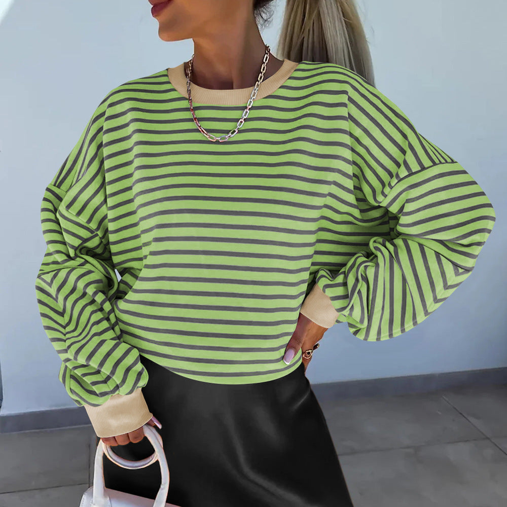 Autumnwinter Stylish Striped Crew-neck Top