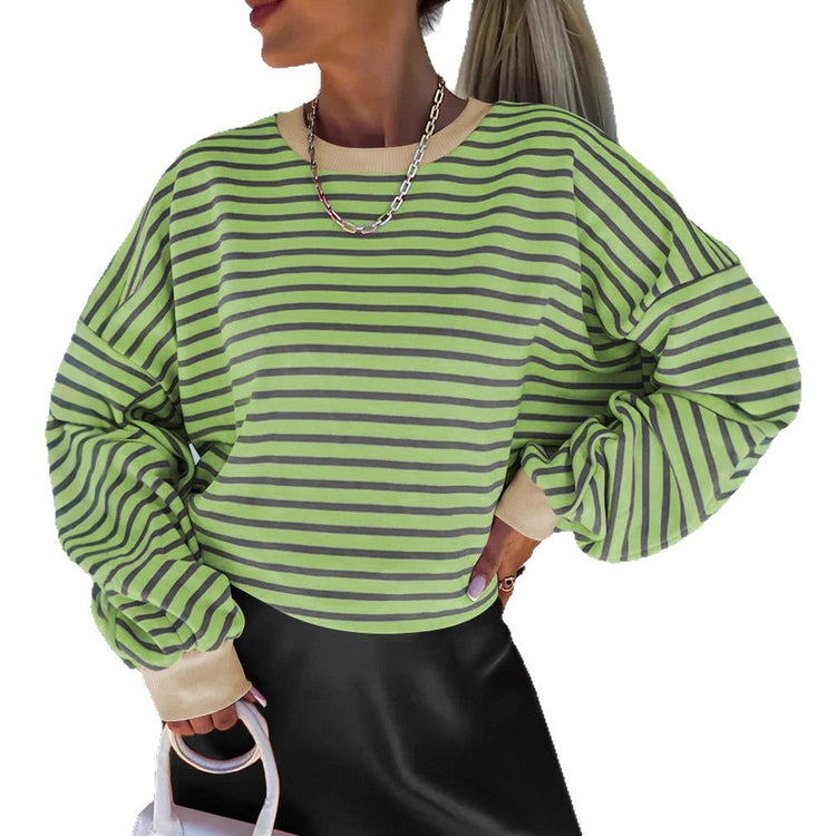 Autumnwinter Stylish Striped Crew-neck Top