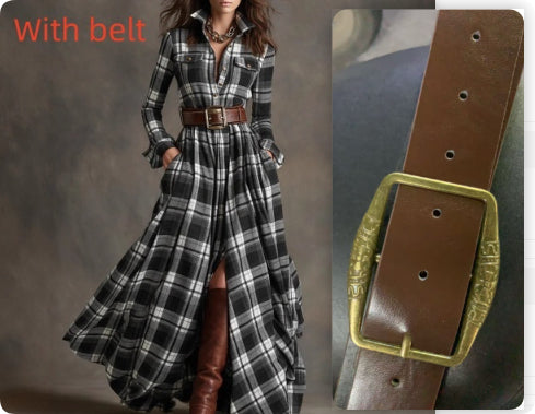 Ins Plaid Print Long-Sleeved Dress Fashion Pockets Collared Buttons Shirt Long Dresses Retro Women's Clothing