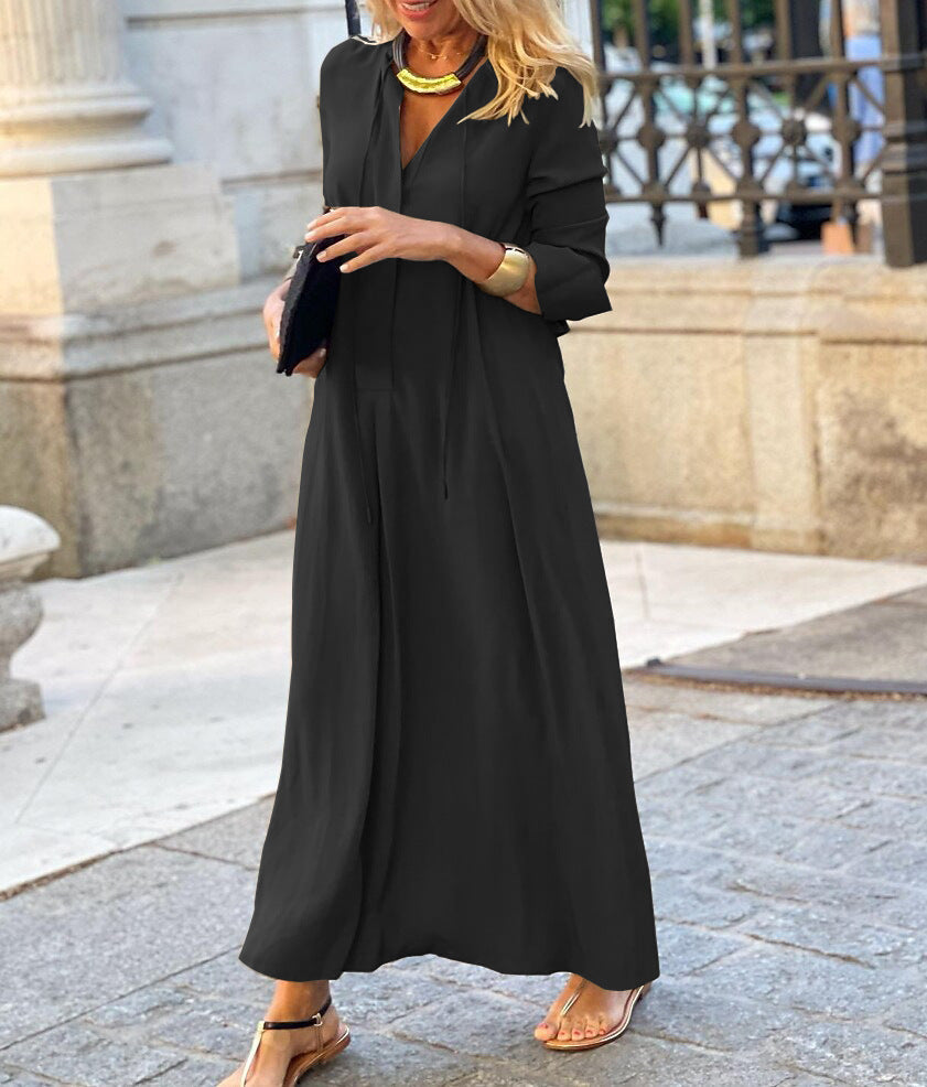 Long-sleeved Shirt Dress Fashion Loose V-neck Long Dresses Spring And Autumn Clothing For Women