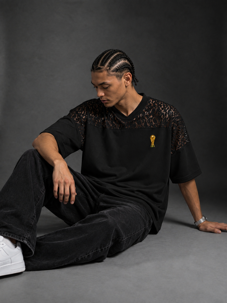 Unisex Lace Paneling V-Neck T-Shirt