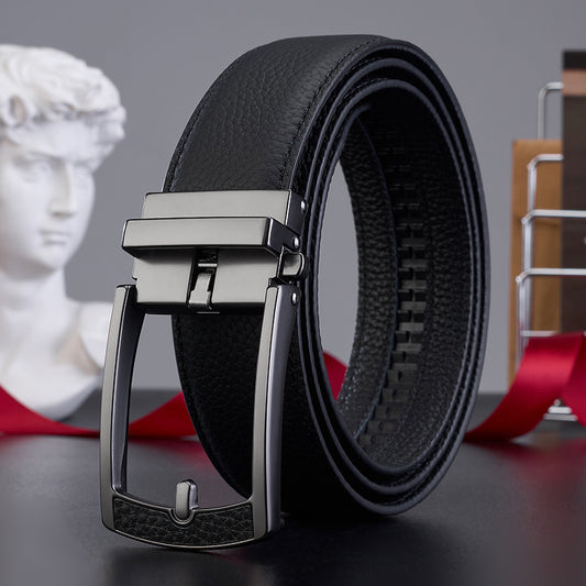 New Mens Casual All-match Leather Belt With An Automatic Buckle And A Lychee Grain Pattern