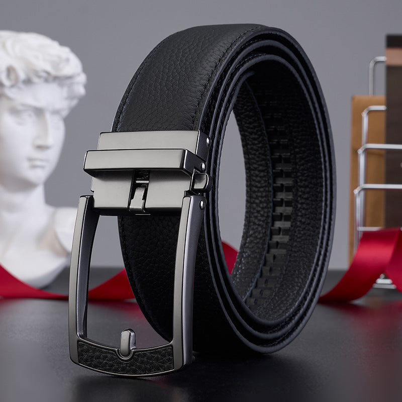 New Mens Casual All-match Leather Belt With An Automatic Buckle And A Lychee Grain Pattern