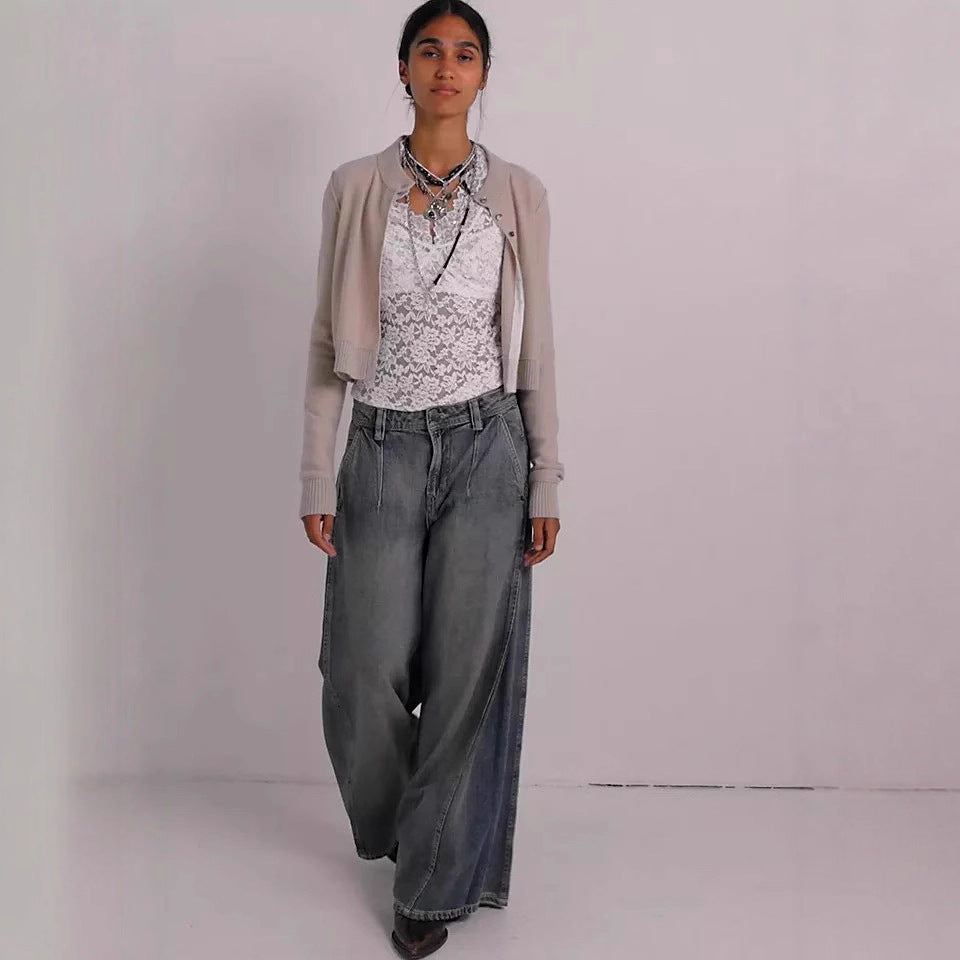 Womens Fashionable Retro Wide-Leg Denim Jeans