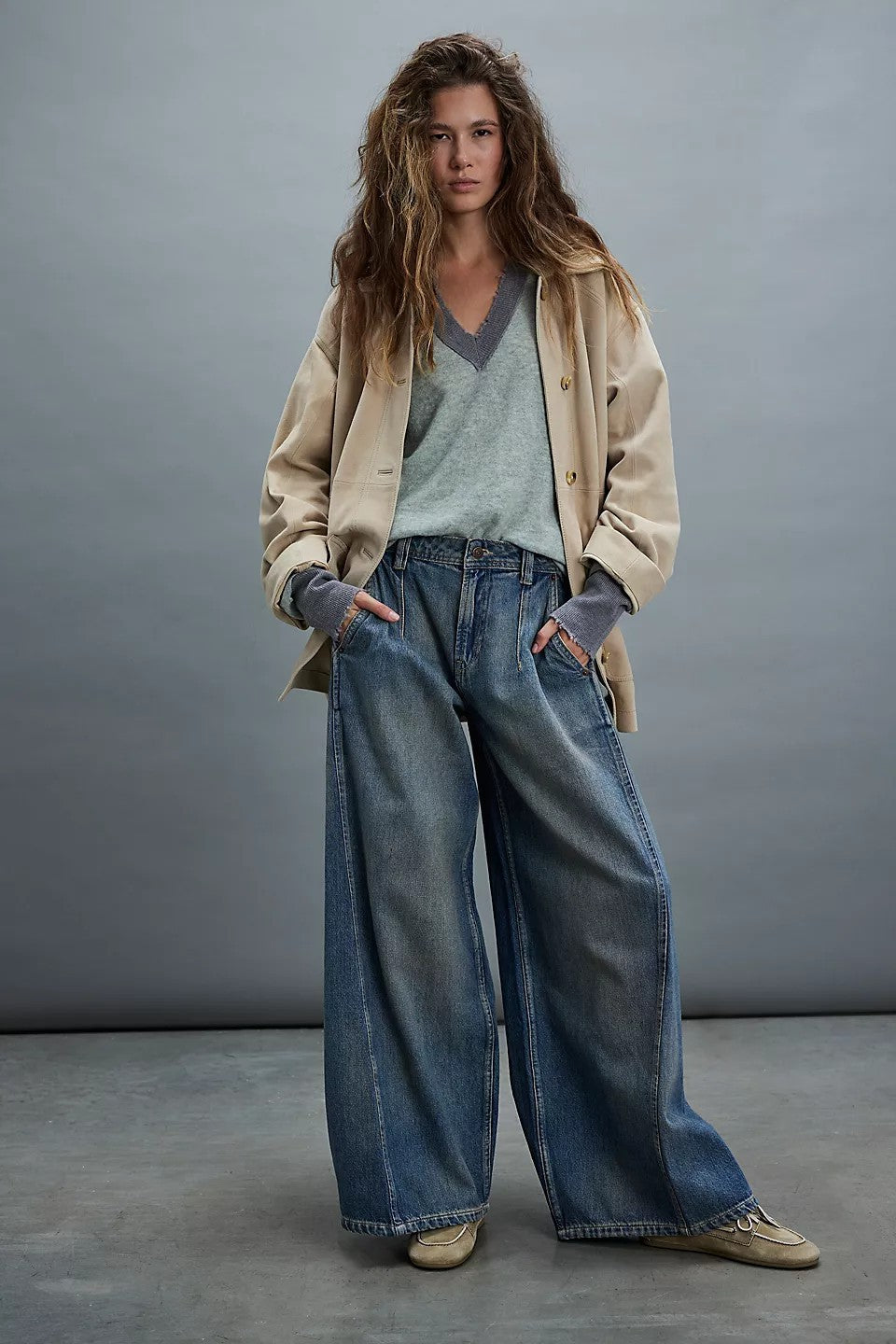 Womens Fashionable Retro Wide-Leg Denim Jeans