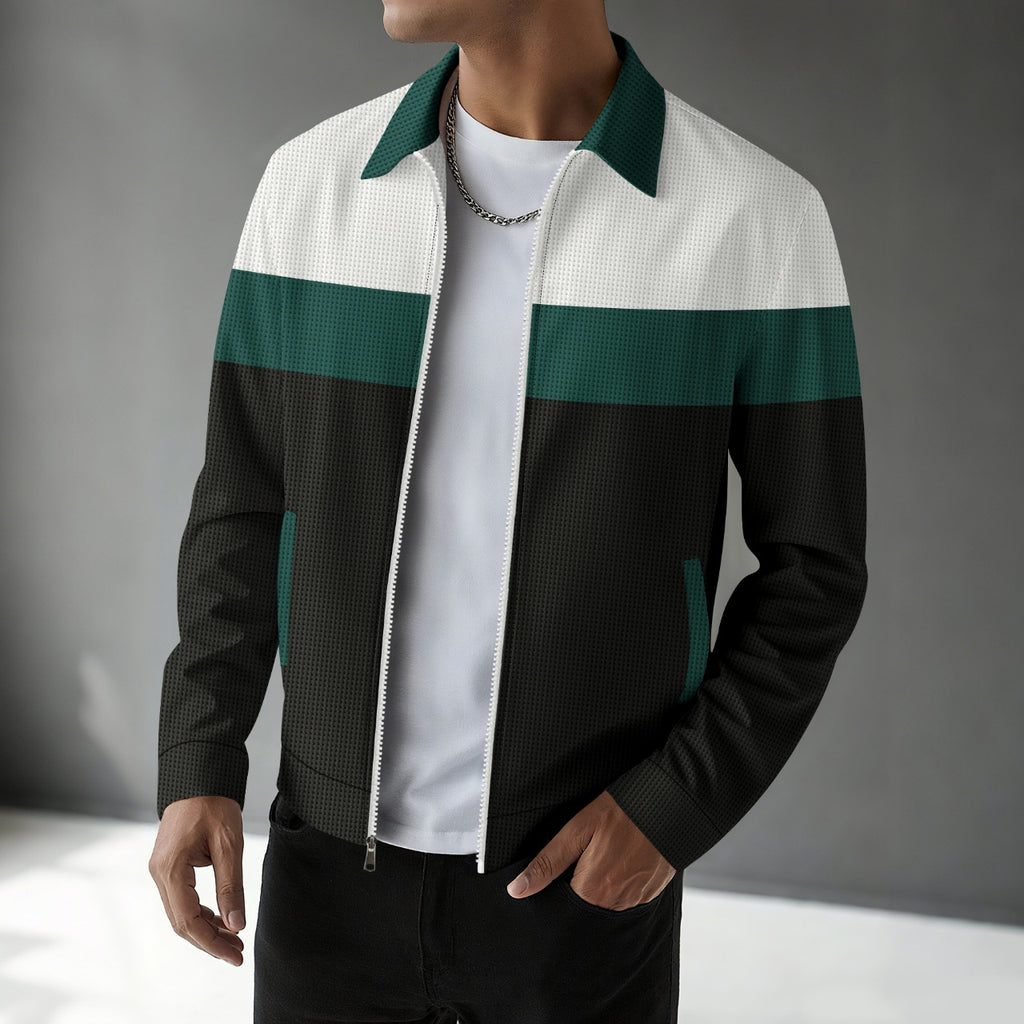 Waffle-knit Colorblock Cardigan With Zippered Pockets And A Notched Collar
