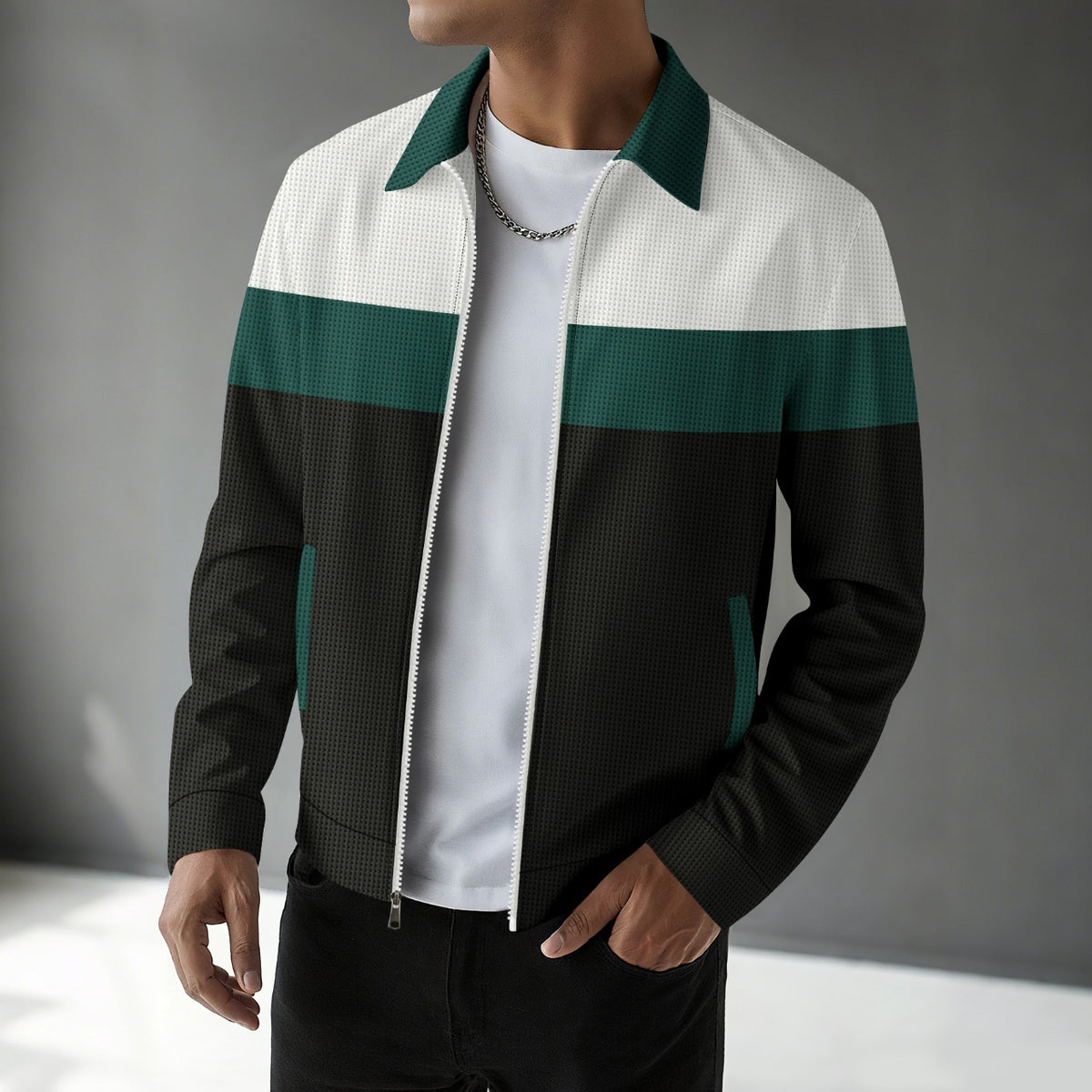 Waffle-knit Colorblock Cardigan With Zippered Pockets And A Notched Collar