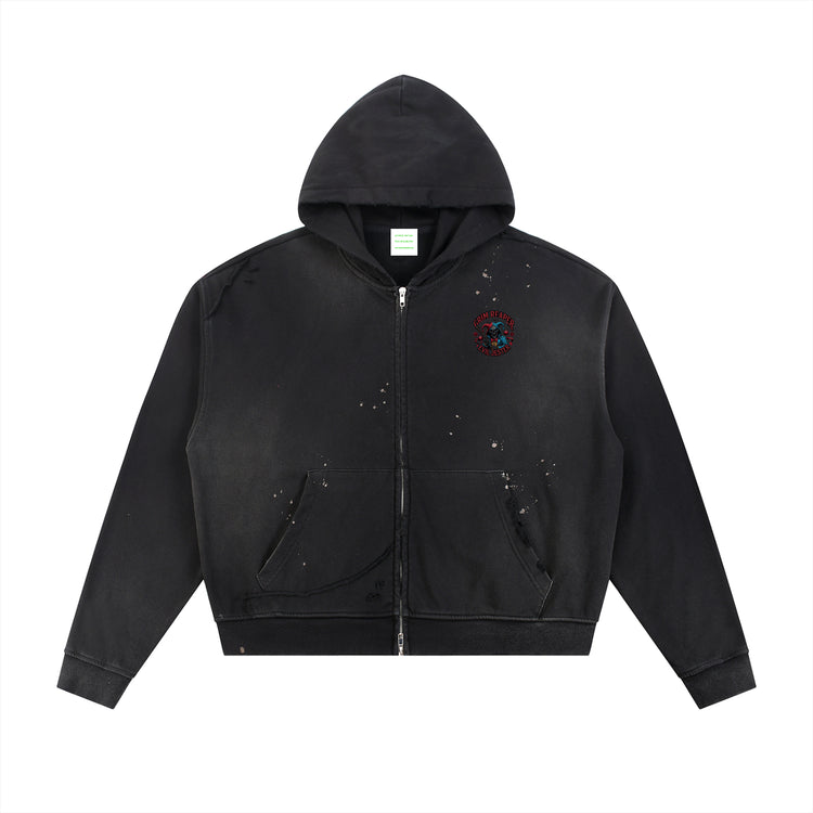 Sun Fade Frayed Raw Edge Fleece Zip Hoodie