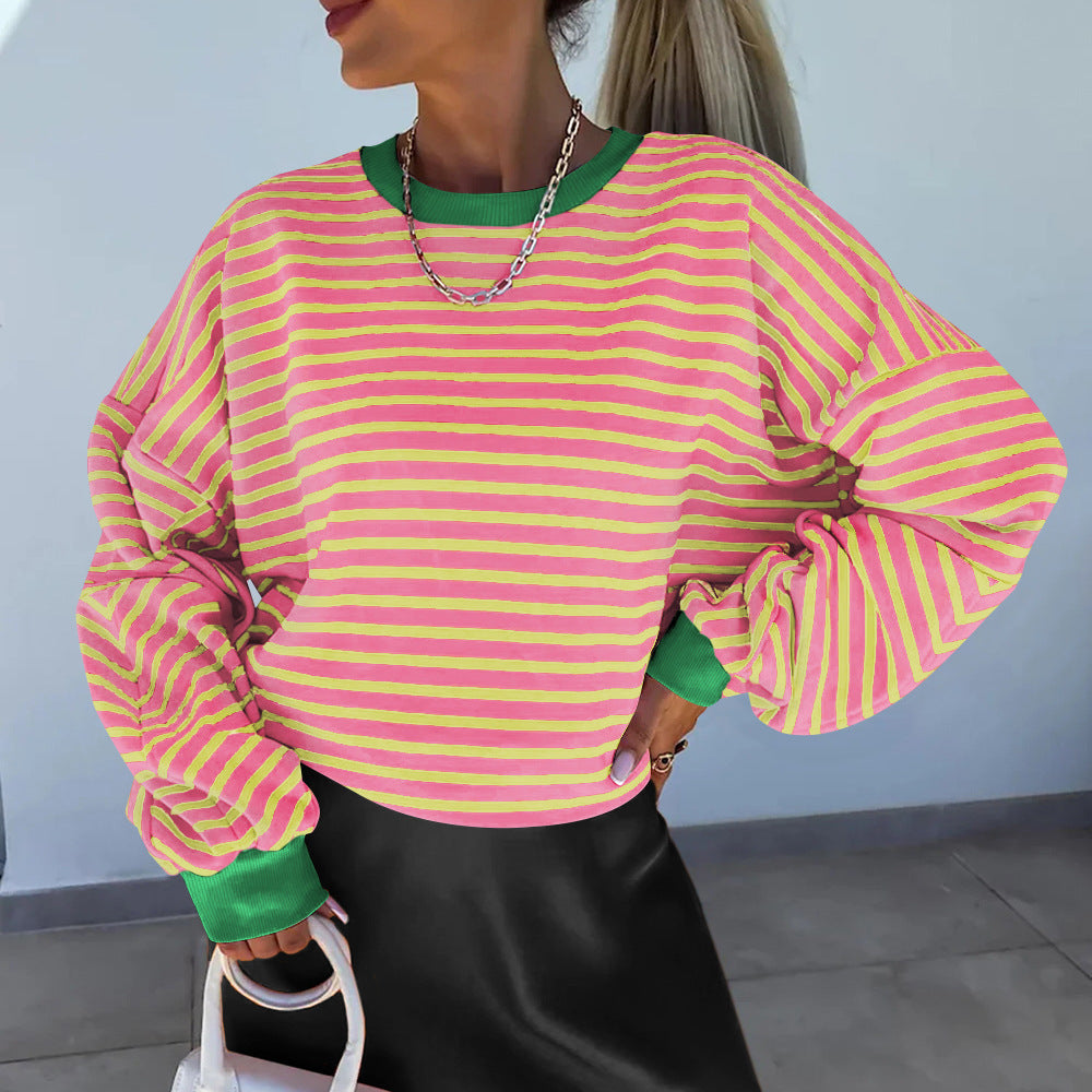 Autumnwinter Stylish Striped Crew-neck Top