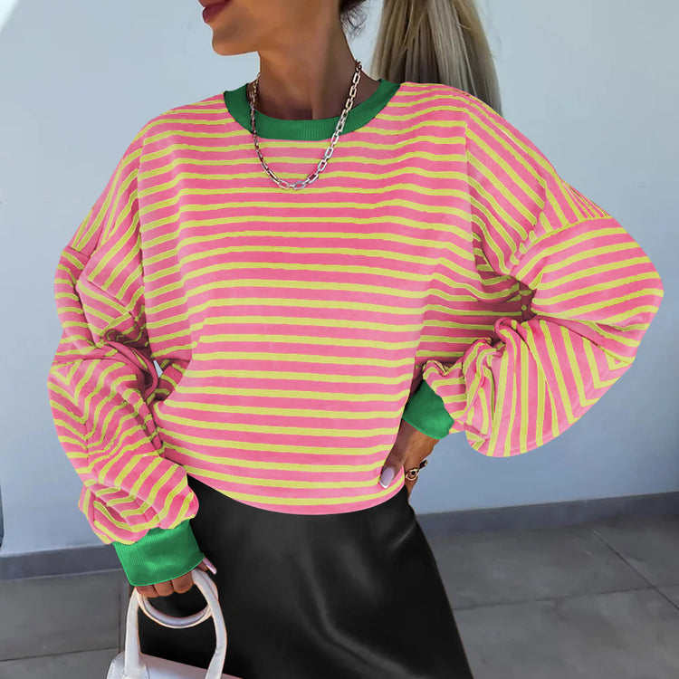 Autumnwinter Stylish Striped Crew-neck Top
