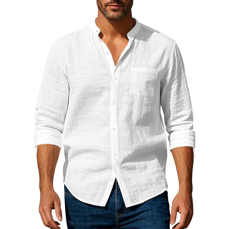 Long Sleeve Stand Collar Shirt With Pockets Casual Men's Clothing