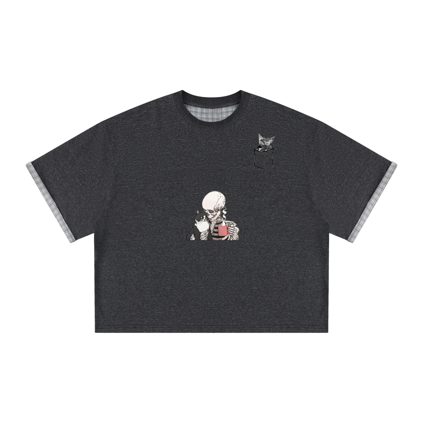 Unisex Boxy Plaid-Lined Double-Face T-Shirt