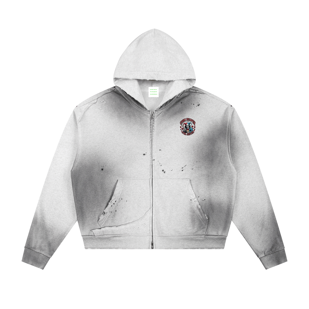 Sun Fade Frayed Raw Edge Fleece Zip Hoodie