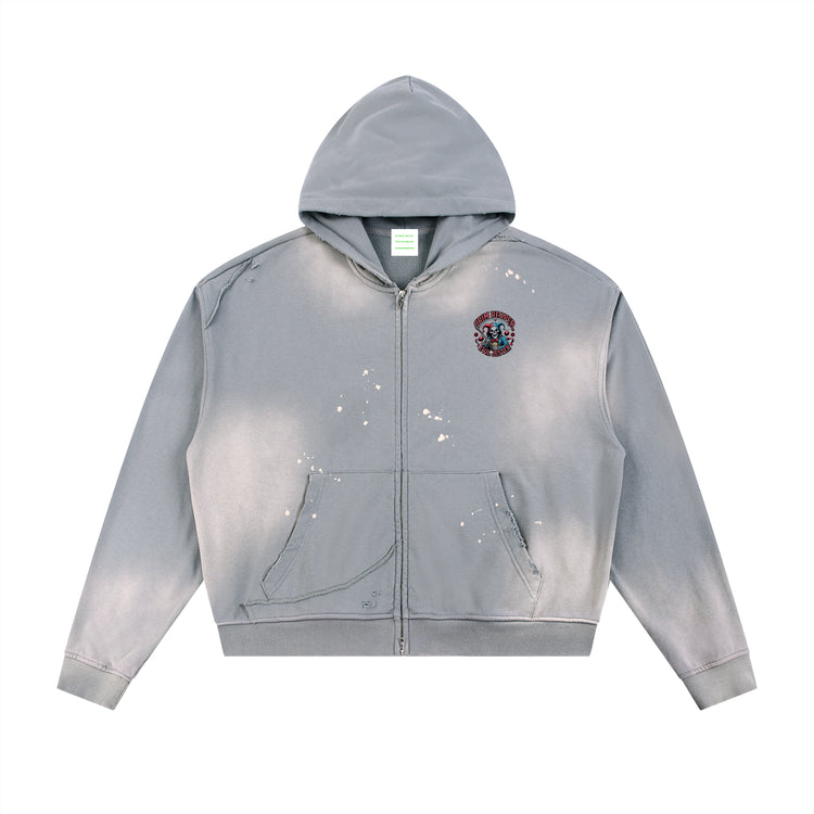 Sun Fade Frayed Raw Edge Fleece Zip Hoodie
