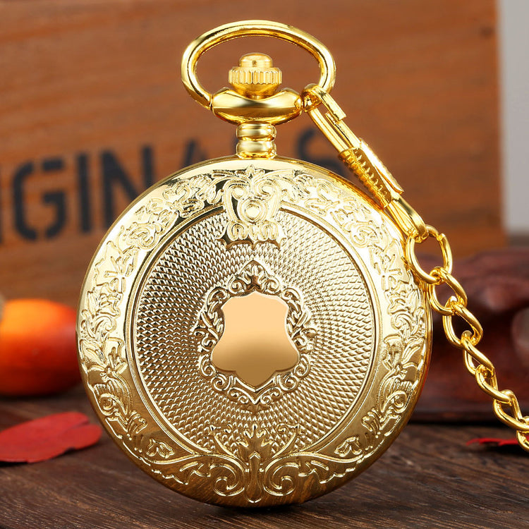 Golden Carved Shield Pattern Large Pocket Watch Roman Quartz Watch