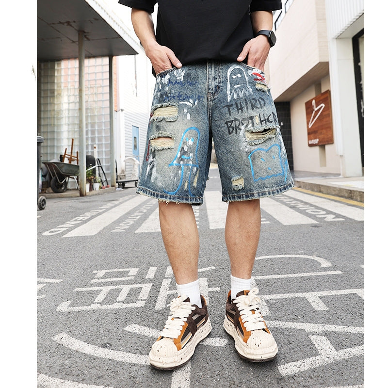All-match Ripped Men's Jeans Shorts Trend Graffiti