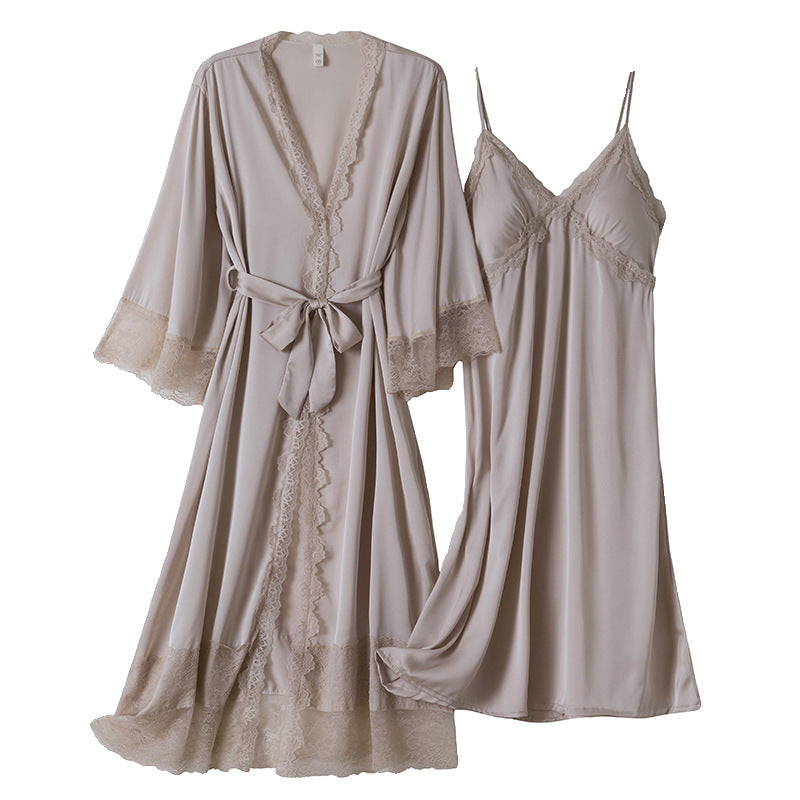 Womens Long Above-the-knee Ice-silk Slip Nightgown With Built-in Bra Pads