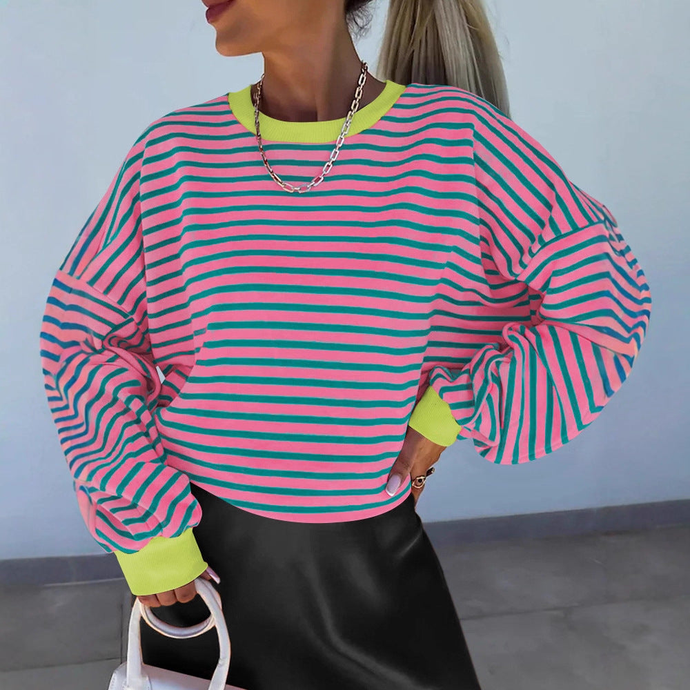 Autumnwinter Stylish Striped Crew-neck Top