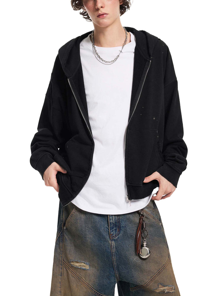 Sun Fade Frayed Raw Edge Fleece Zip Hoodie