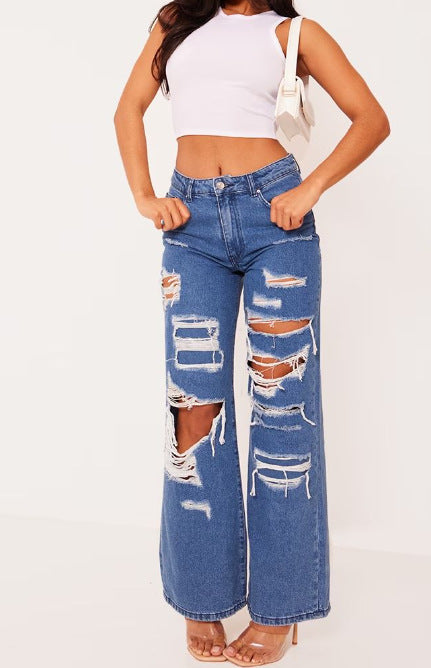 Solid Color Distressed Washed Denim Jeans