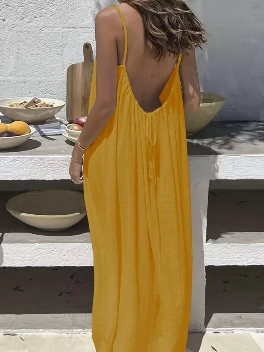 Loose Spaghetti Dress Ins Fashion U-cut Backless Tie-up Long Dresses Beach Vacation Bohemian Women's Clothing