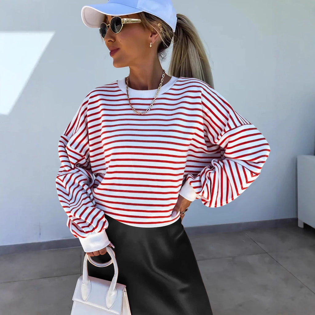 Autumnwinter Stylish Striped Crew-neck Top