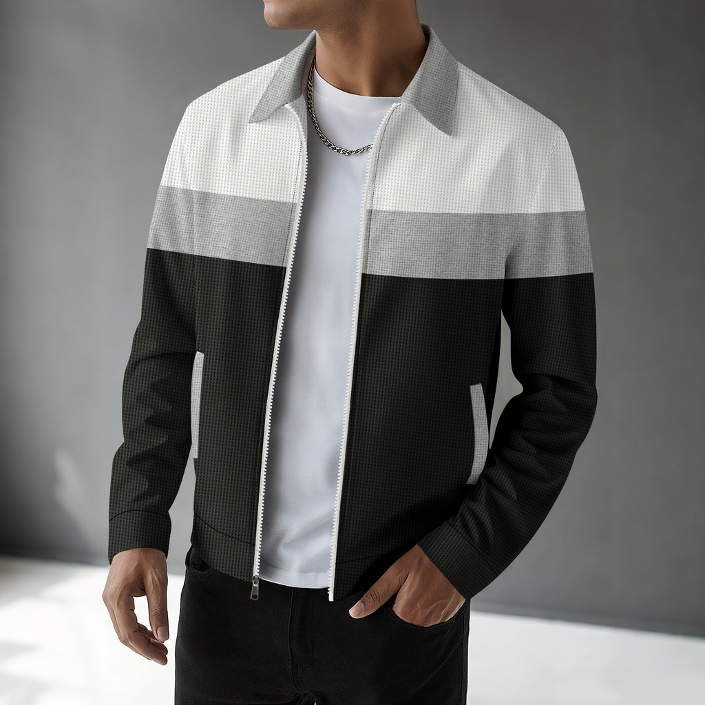 Waffle-knit Colorblock Cardigan With Zippered Pockets And A Notched Collar