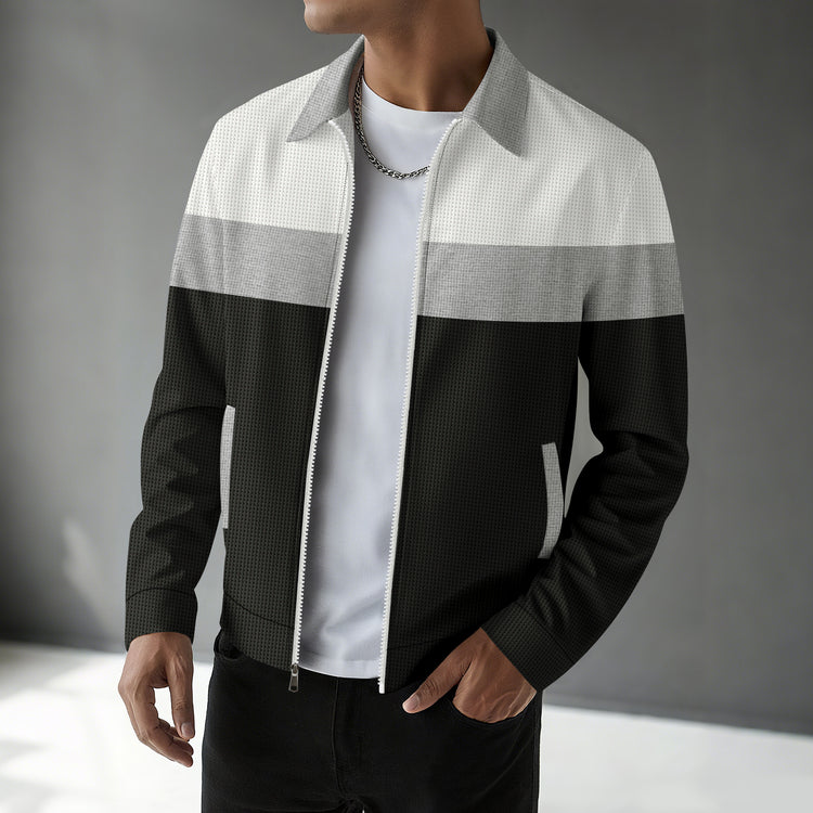 Waffle-knit Colorblock Cardigan With Zippered Pockets And A Notched Collar