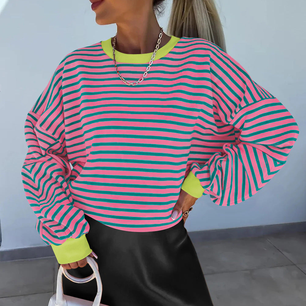 Autumnwinter Stylish Striped Crew-neck Top