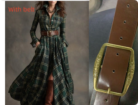 Ins Plaid Print Long-Sleeved Dress Fashion Pockets Collared Buttons Shirt Long Dresses Retro Women's Clothing