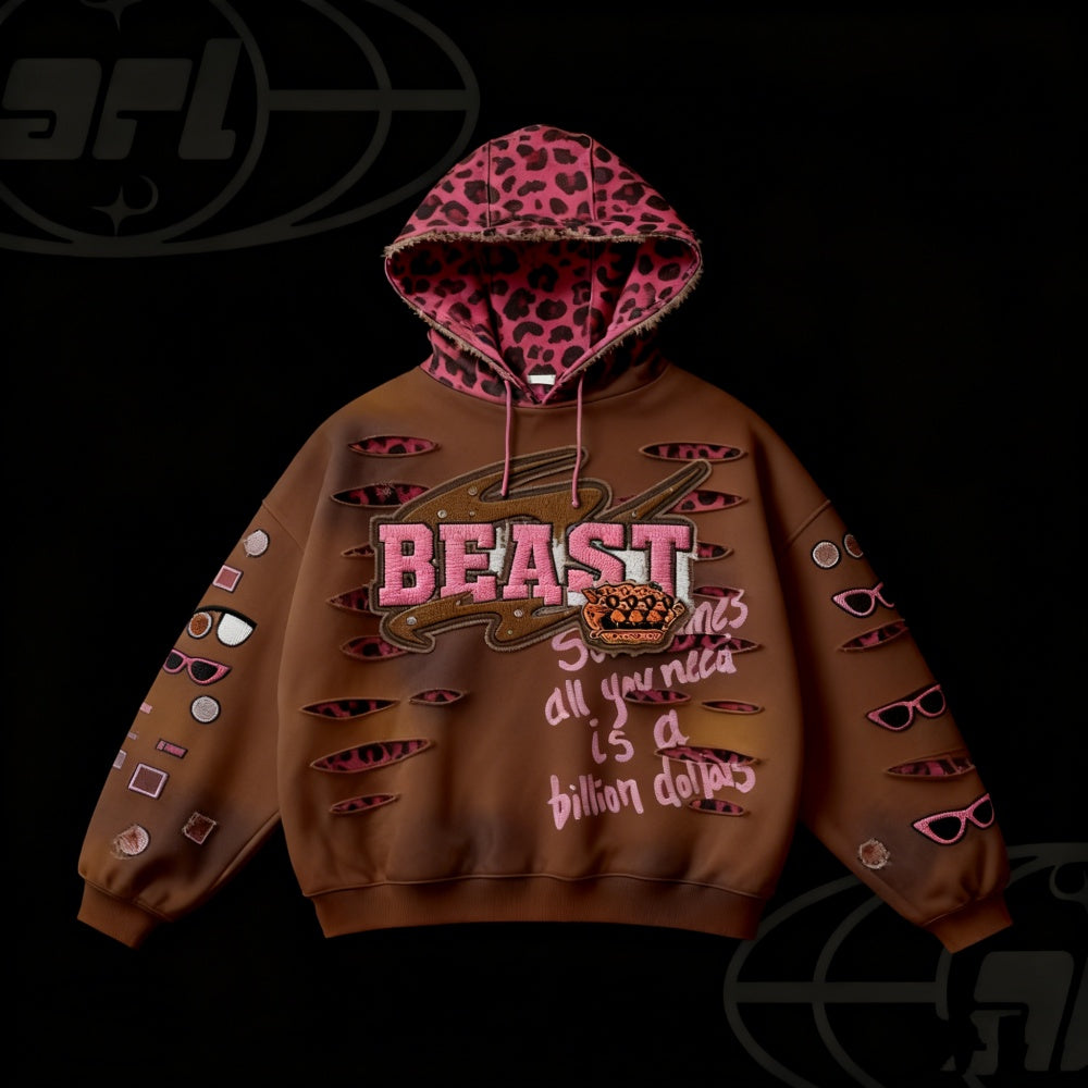 Retro-printed Long-sleeve Pullover Hoodie