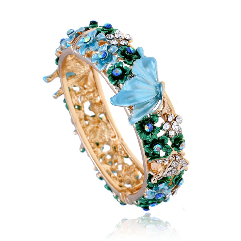 Painted Butterfly And Flower Open Bangle