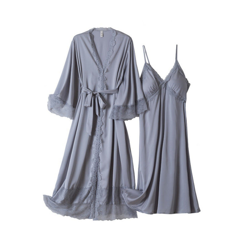 Womens Long Above-the-knee Ice-silk Slip Nightgown With Built-in Bra Pads