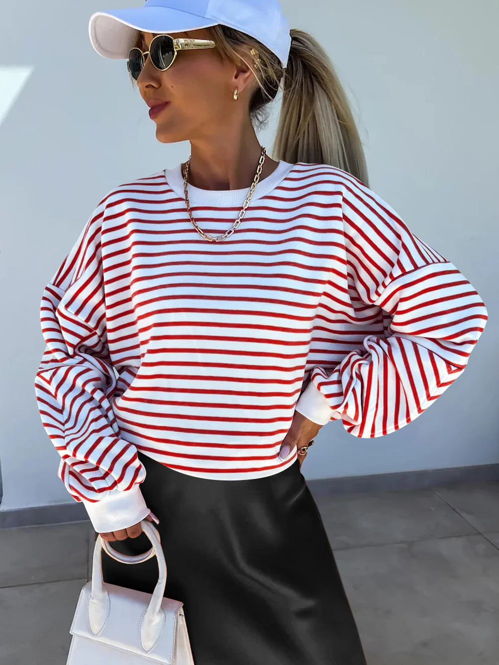 Autumnwinter Stylish Striped Crew-neck Top