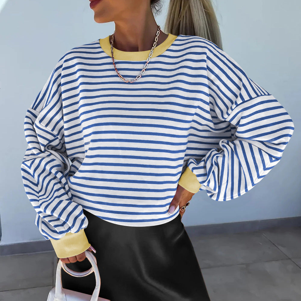 Autumnwinter Stylish Striped Crew-neck Top