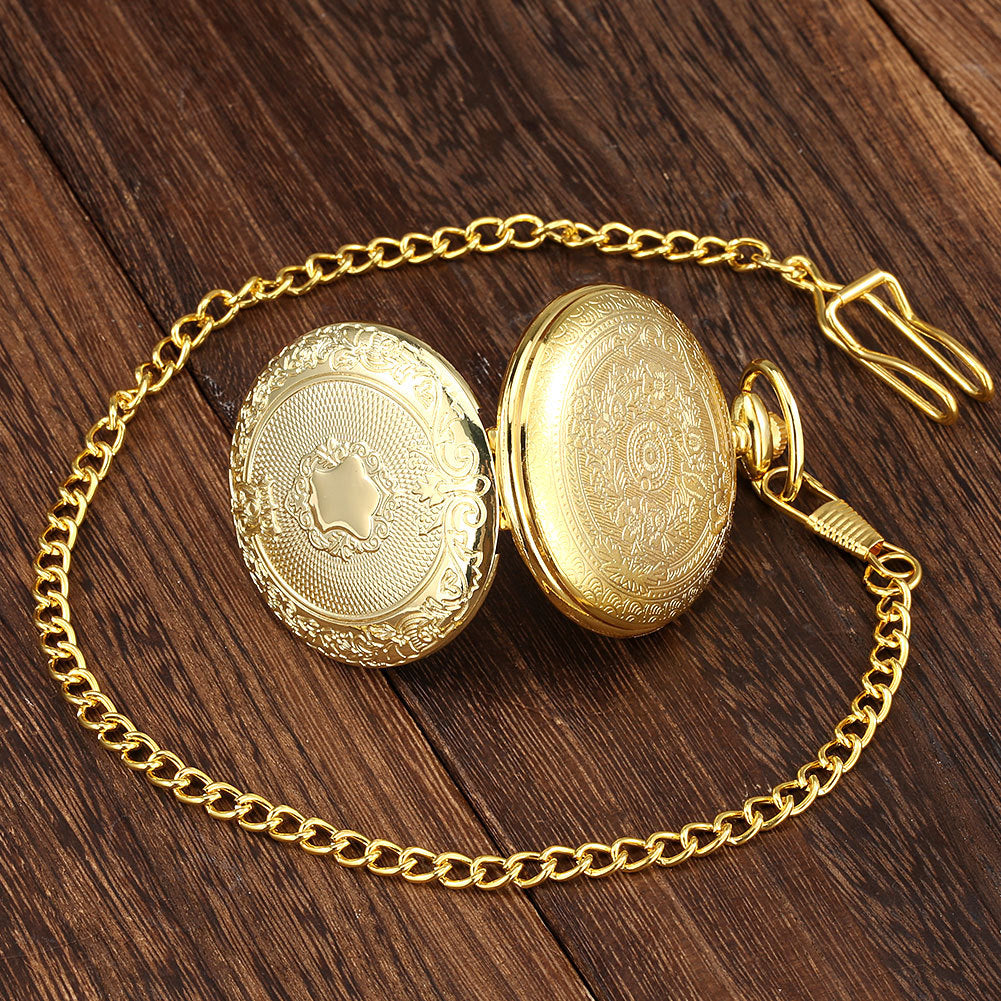 Golden Carved Shield Pattern Large Pocket Watch Roman Quartz Watch