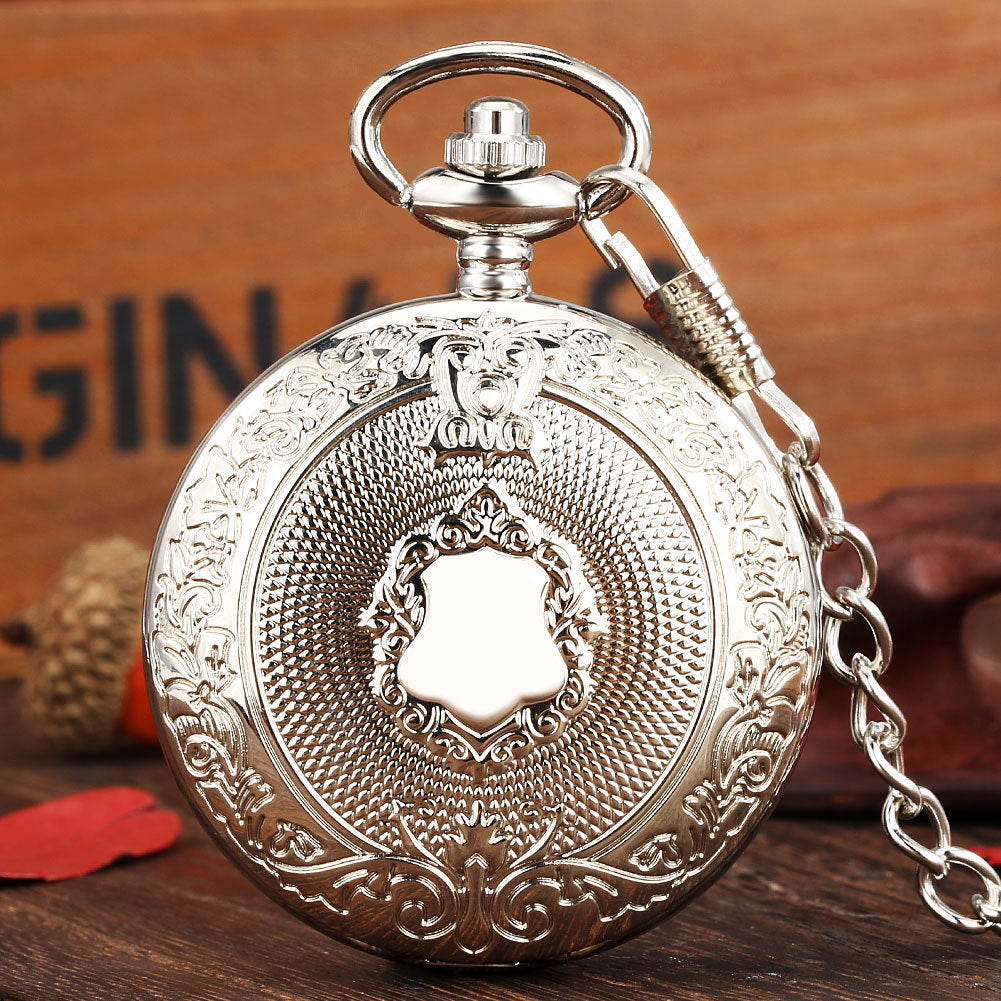 Golden Carved Shield Pattern Large Pocket Watch Roman Quartz Watch