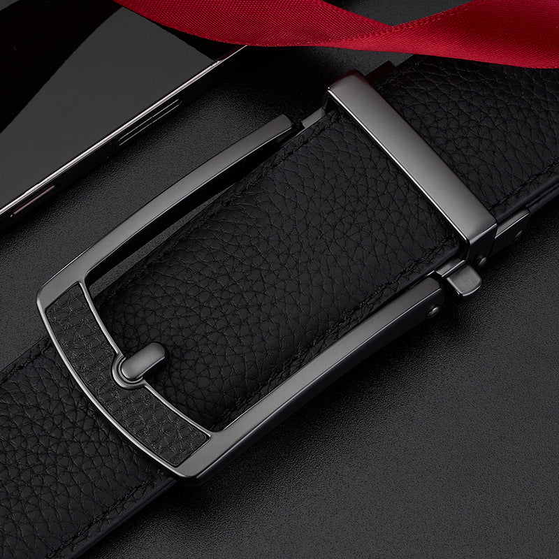 New Mens Casual All-match Leather Belt With An Automatic Buckle And A Lychee Grain Pattern
